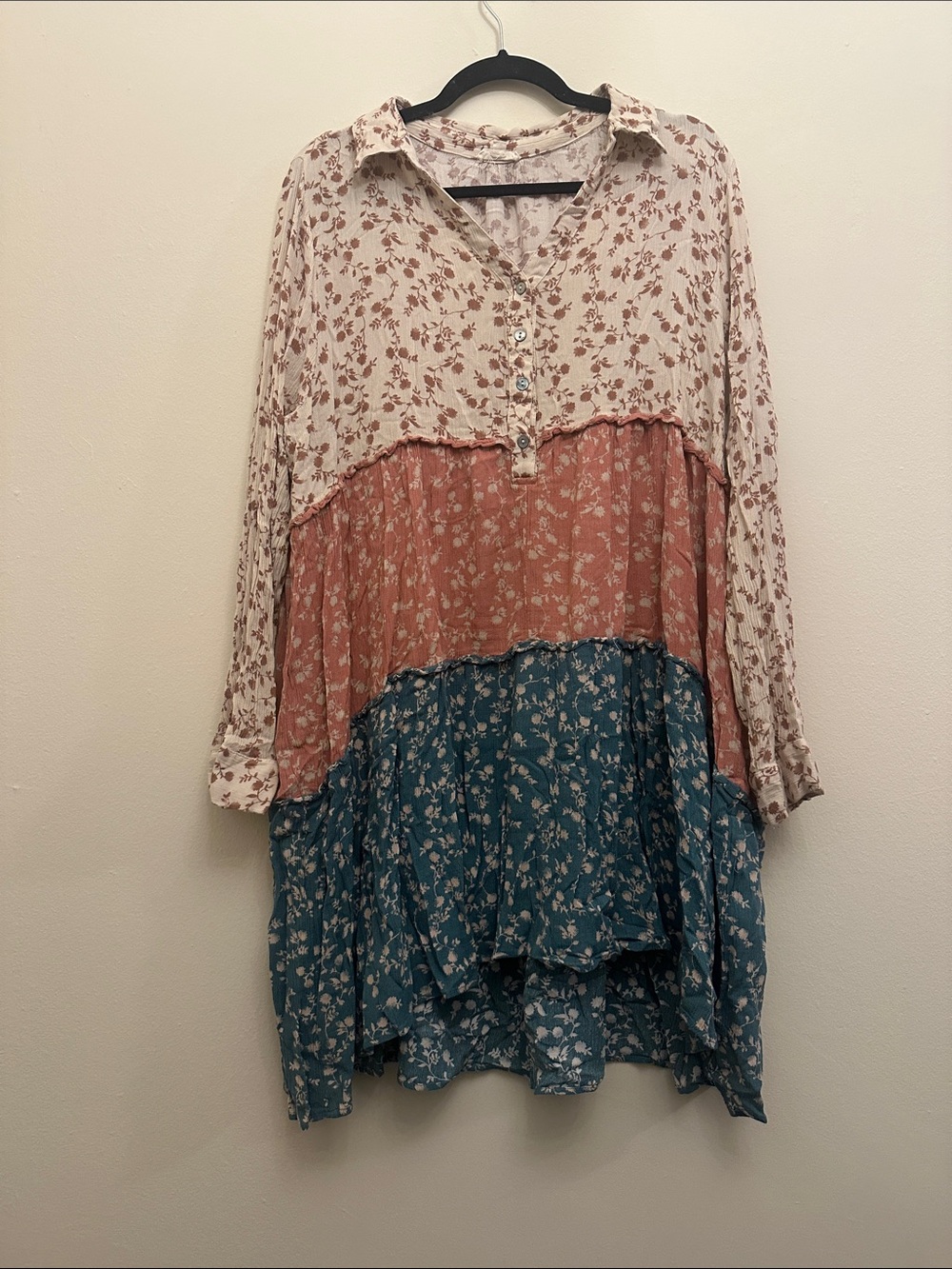 ODDY Floral Tiered Boho Dress Cream, Rust & Teal Cottagecore Sz 2XL Long Sleeve